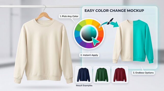 Sweatshirt mockup, easy color change template, blank crew neck design, customizable apparel