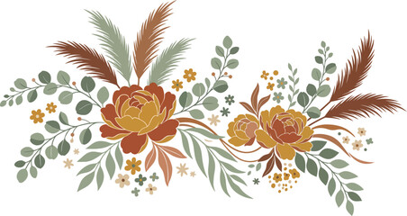 Bohemian floral and pampas grass arrangement with white background earth tones flat design graphic resource hand drawn bohemian botanical eucalyptus decorative isolated illustration © MST SUMAIYA