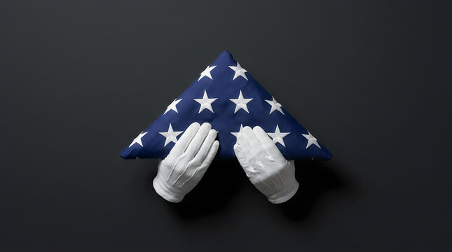 Military Honor Guard White Gloved Hands Holding Perfectly Folded Triangular American Flag Against Dark Charcoal Background, Memorial Day Veterans Day Funeral Ceremony Minimalist Tribute Honor and Sacr