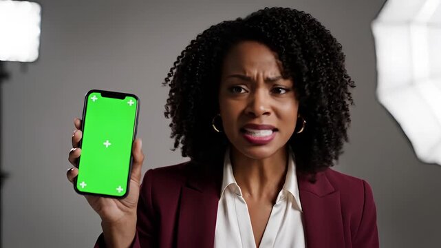 Woman holding a smartphone with a green screen and a confused expression.