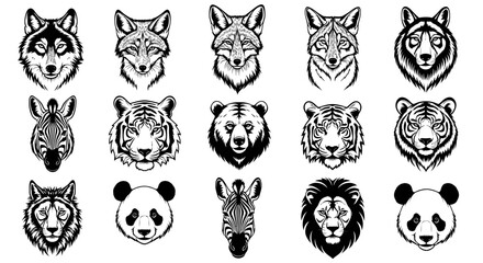 Fototapeta premium Set of 15 monochrome animal illustrations featuring wolves tigers pandas lions and zebras with detailed line art and realistic facial expressions on a white background