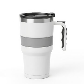 Elegant white travel mug with secure lid and comfortable handle