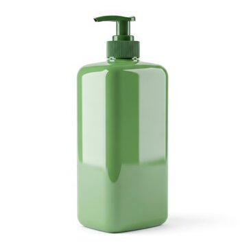 Elegant green liquid soap dispenser on white background
