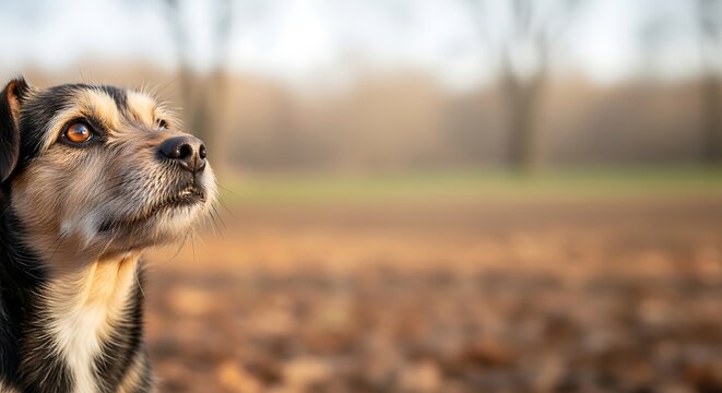 Attentive Mixed Breed Dog Looking Up in Autumn Park