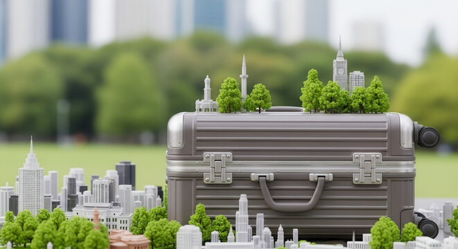 Modern hard-shell suitcase with miniature city landmarks and green trees, sustainable travel and global tourism for World Tourism Day