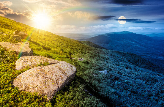 day meet night. carpathian mountain summer solstice landscape. alpine meadow with huge stones among the grass on top of the hillside near the peak of mountain range. epic sky view. harmony concept