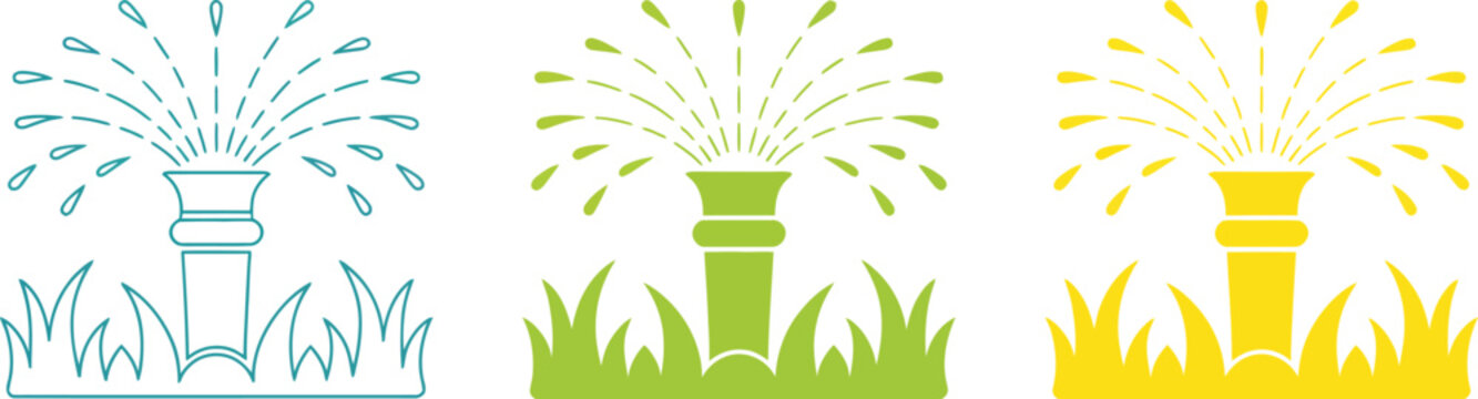 Irrigation sprinklers, garden watering system vector lawn sprinkler icon for automatic irrigation agriculture plants and landscape irrigation design concept