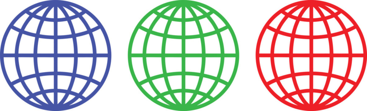 Collection of three wireframe globes vector illustration in blue, green, and red hues.