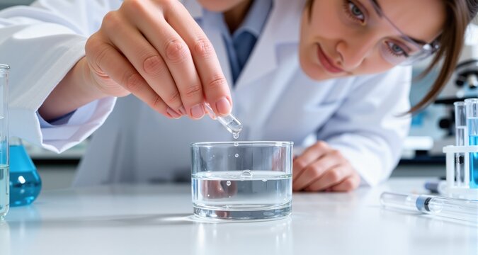 Female scientist dropping water sample onto glass on table in laboratory, closeup
