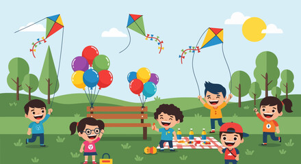 Obraz premium Happy Children Playing Outdoors with Kites and Balloons in a Park.