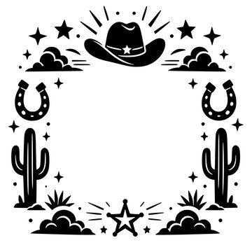 Western cowboy frame with hat, horseshoes, cactus, clouds, and star in bold black white vector illustration for rodeo invitation design.