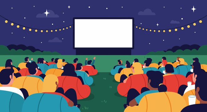 Outdoor cinema experience with people watching movie under night sky.