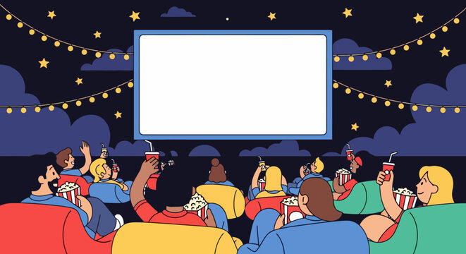 People watching movie on outdoor screen at night.