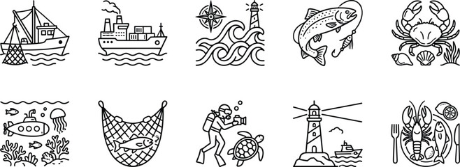 Commercial fishing marine ocean life line art icon set containing seafood boat trawler lighthouse cargo ship lobster crab submarine icons. © Mst Fateha Begum