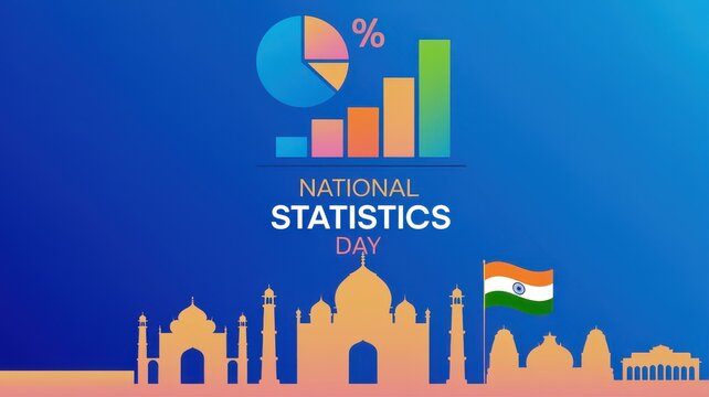 National Statistics Day in India illustration with statistical charts, famous landmarks, and flag on blue background