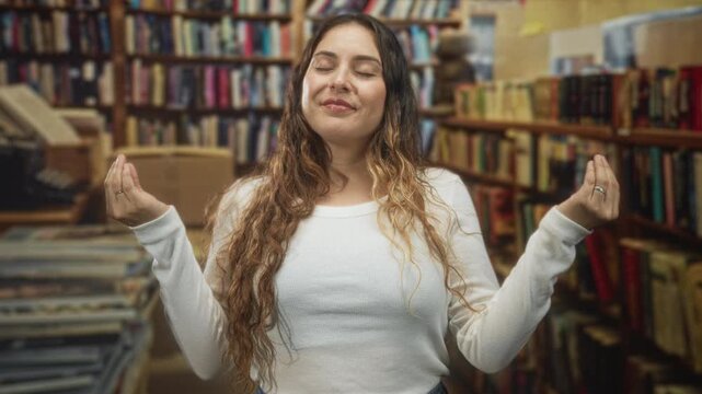 Woman with hands in meditation mudra and closed eyes amid bookshelves in a bookstore building; calm contemplation focus.