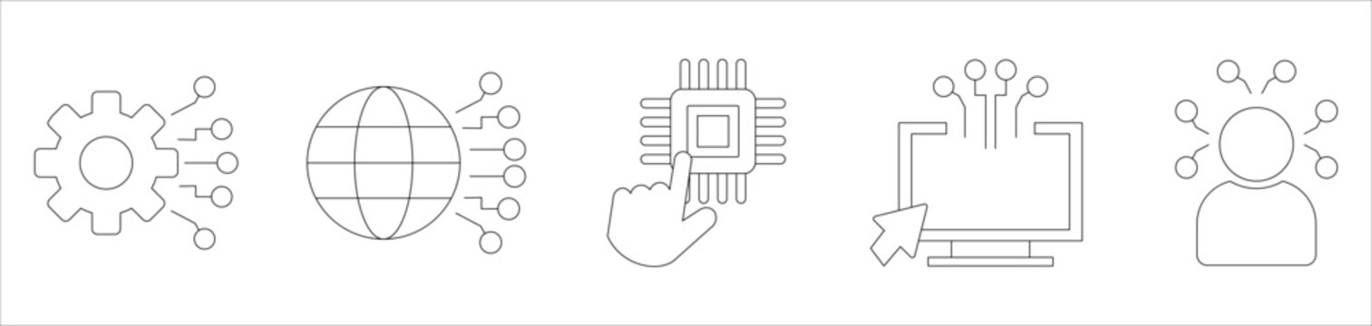 A collection of digital technologies. Circuits, computers, digital transformation, users and internet connections. Simple flat line vector illustrations.