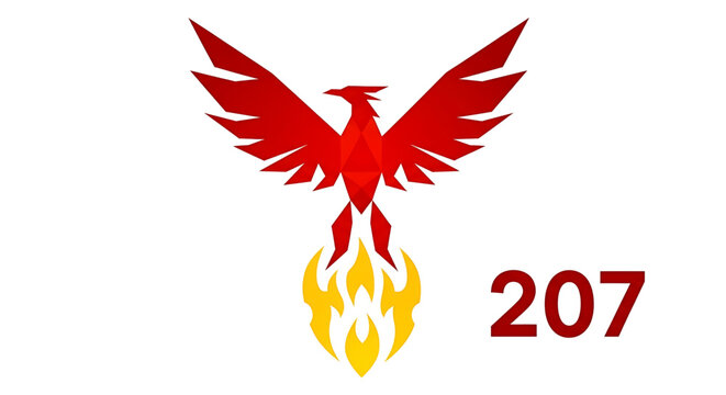 Abstract geometric phoenix bird logo design with fire flames and number 207, vector illustration
