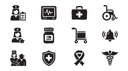 Fototapeta premium Medical icons set including nurses hospital equipment and health symbols in black on white background