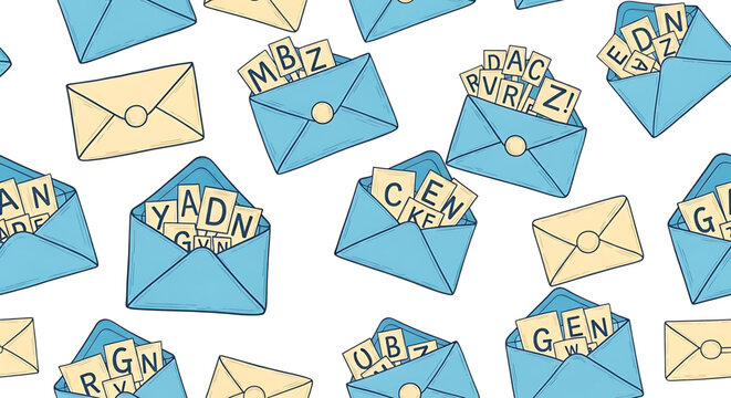 Seamless pattern with blue envelopes containing letter tiles
