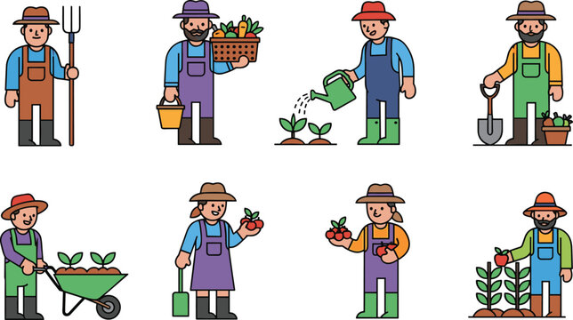 Colorful Farmer and Gardener Character Set with Pitchfork, Harvest Basket, Watering Can, Shovel, Wheelbarrow, and Plants for Agriculture Graphic Design Templates