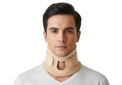 Man wearing black neck brace looking forward with neutral expression isolated on transparent background