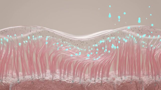 3D Skin Cell Cilia Hair Structure Moving with Glowing Particle Medical Animation