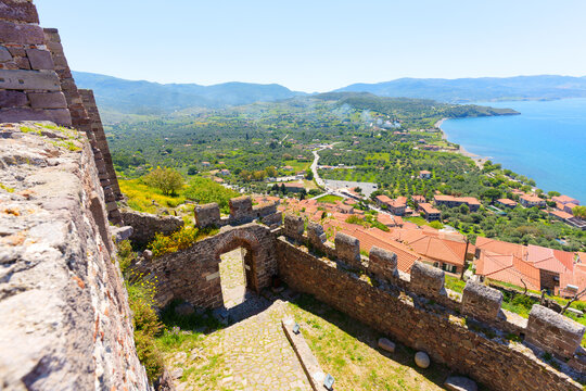 Historic Stone Fortress Walls Overlooking Molyvos Village and Aegean Coast