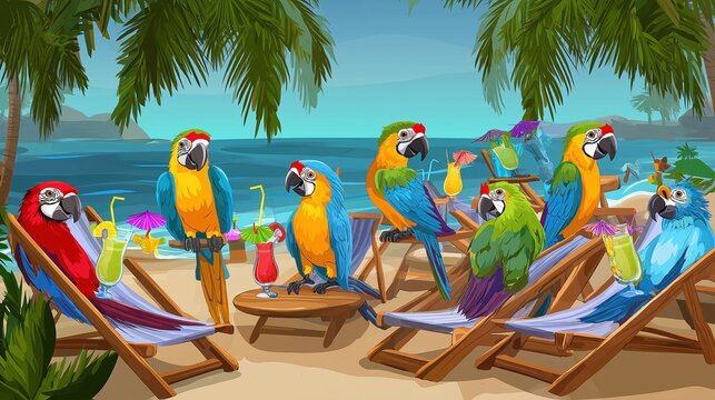 Group of colorful parrots relaxing on beach chairs with tropical cocktails. Summer vacation concept