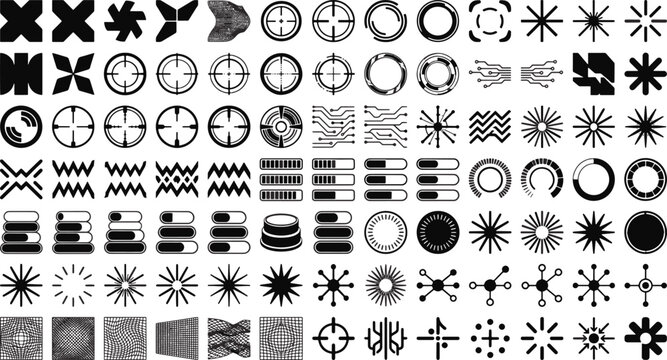 Y2K tech geometric shape set vector retro futuristic interface crosshair chart abstract target pattern starburst graphic design asset vector illustration