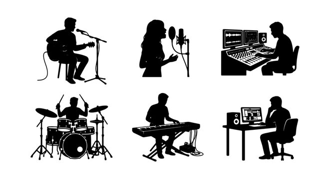 Music Production Silhouettes: Singer, Guitarist, Drummer, Keyboardist, DJ, Sound Engineer