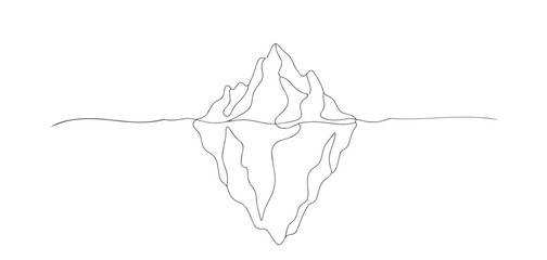 Continuous line drawing of an iceberg. One line drawing in a minimalist style for arctic themes, cold landscapes, climate concepts, and nature illustrations. © bakul garis