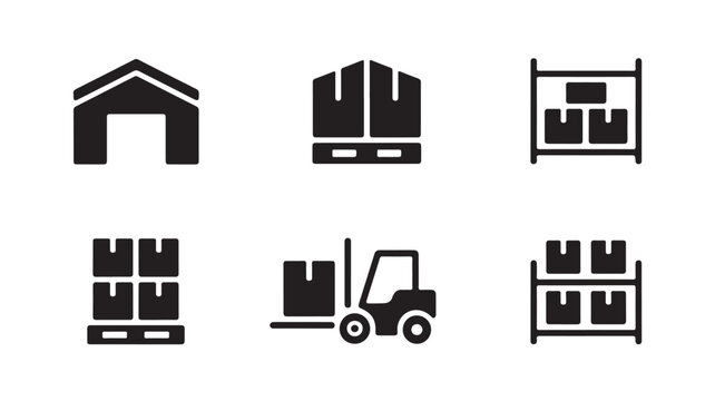 Black Warehouse Icons Set for Logistics and Industrial Operations