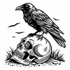 Fototapeta premium Crow sitting on a human skull. Vintage vector black illustration engraving
