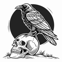 Fototapeta premium Crow sitting on a human skull. Vintage vector black illustration engraving