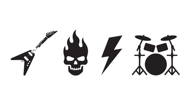 Black Silhouettes of Guitar, Skull, Lightning Bolt & Drums for Rock Music Concepts