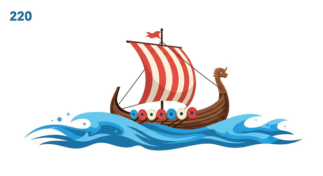 Viking ship with striped sail on blue ocean waves, traditional drakkar boat with dragon head prow, vector illustration