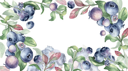 Watercolor bright summer frame with fresh blueberry and green leaf isolated on white. Botanical border of berry branch for wedding invitation or greeting card design with copy space. © Ekaterina Lanbina