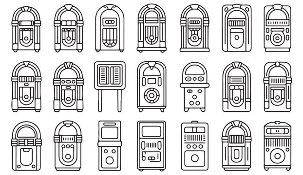 Retro Audio Player and Jukebox Icons on White Background