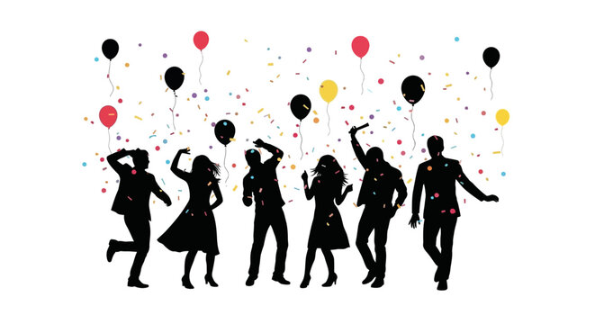 Celebratory party scene with silhouetted people dancing amidst colorful balloons and confetti vibrant atmosphere joyful mood lively event background