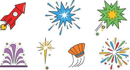Colorful Fireworks and Explosion Effect Icon Set with Rocket, Sparkle, Burst, Fountain, and Star for Celebration, Festival, and Party Graphic Design Templates © MdMojnu
