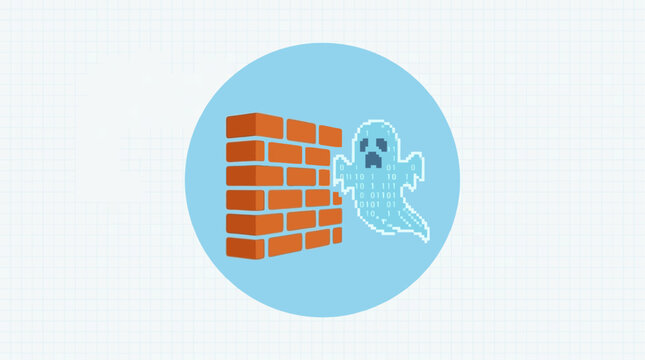 Conceptual illustration of digital firewall security, blocking ghostly binary code threats for data protection and network defense