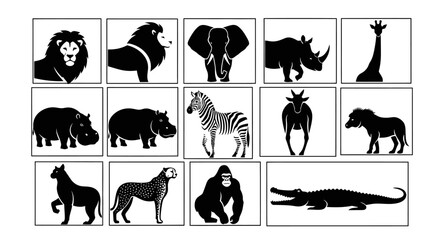 Collection of black silhouette animal icons featuring lions tigers elephants rhinos giraffes zebras crocodiles and other wildlife in minimalist style for nature and conservation © Prema