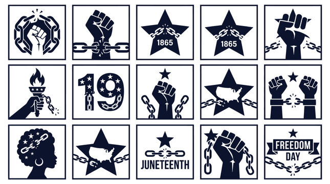 Juneteenth icons set freedom symbols black and white graphics 1865 emancipation day june 19th celebration