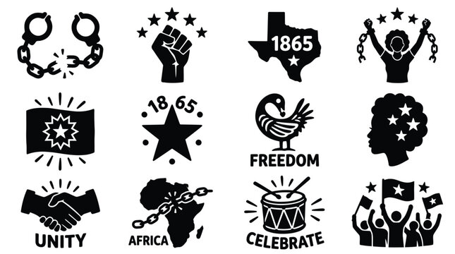 Juneteenth icons set black silhouettes on white background celebrating freedom and unity with fists stars and chains symbolizing african american liberation