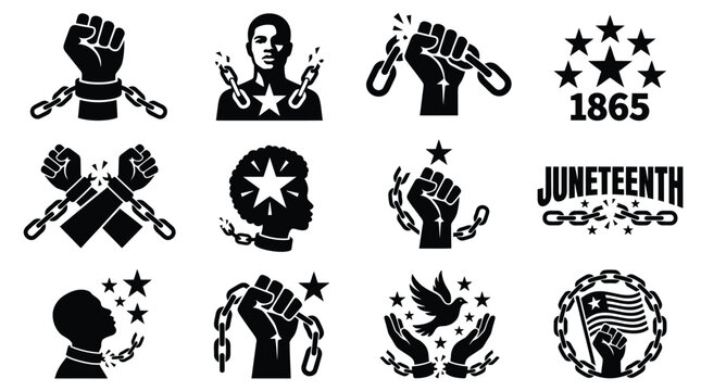 Juneteenth icons set black silhouettes on white background freedom and emancipation symbols 1865 fists chains stars celebration