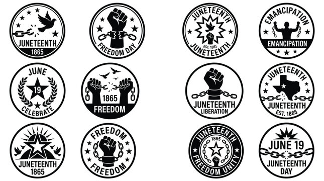 Juneteenth logos and badges in black and white celebrating freedom and emancipation with various symbols and text on white background