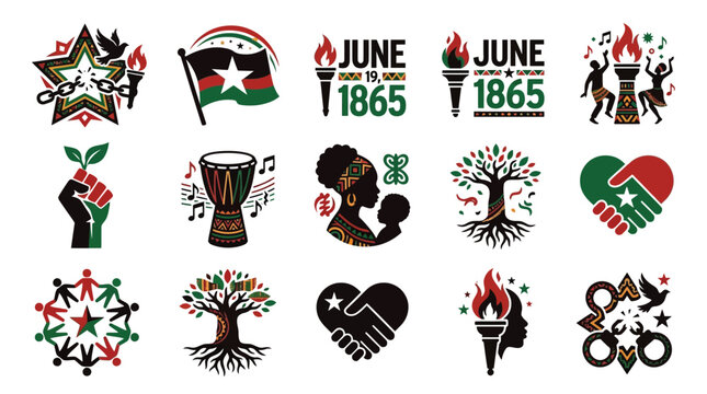 Juneteenth celebration icons set with silhouettes flags and symbols of freedom and unity