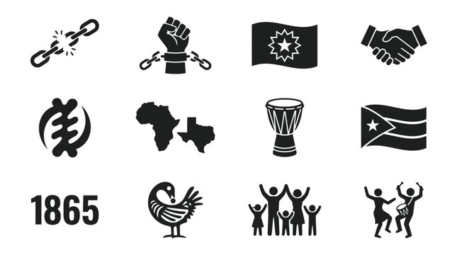 Juneteenth celebration icons set with freedom symbols and cultural elements