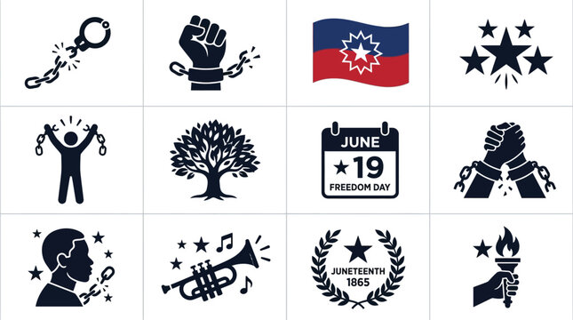 Juneteenth celebration icons set freedom symbols black silhouette graphics for june 19th emancipation day